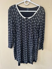 Chaps Floral Tunic Top L Navy Blue Cotton Lace Trim Cottagecore Coquette