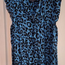 SO SANDAR Blue/Black Leopard Bodycon Dress V-Neck Cap Sleeve Viscose 14R