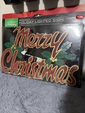 VTG UL Merry Christmas Plastic Sign Lights Up Holly Red Wall Decor