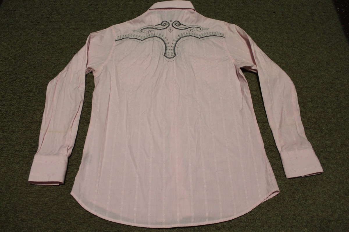 Dos De Oro Boots Patroncito Pink Embroidered Pearl Snap Shirt Men's Medium View 5