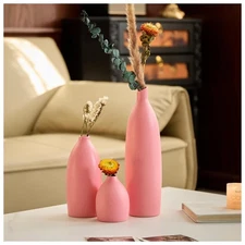 Matte Pink Vase Set of 3 - Modern Boho Aesthetic Bud Ceramic Vases Home Decor...