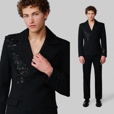 Black Prom Party Men's Suits Beaded Appliques Coat Glitter Formal Jacket Tuxedos