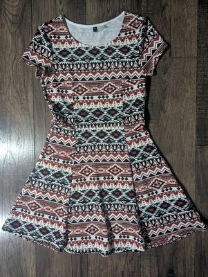 Divided HM Fit & Flare Dress Womens Orange & Black Aztec Cap Sleeve Scoop Neck 6