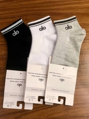 ALO Yoga Half Crew Socks 3 Pack Unisex Cotton White Black Grey Size L NWT