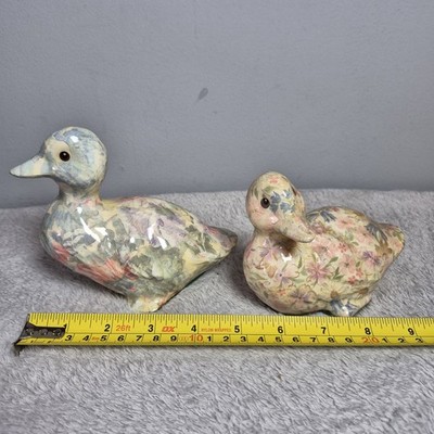 Vintage Blumen Chintz Keramik Ente Figuren - 2er Set - Shabby Chic Deko