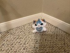 Cute Cat With Blue Glittery Ears, Horn Heart, Bow, And Wings.  