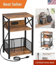 Record Player Stand with Charging Station, Turntable Stand with Storage Cabin...
