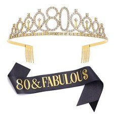80  Fabulous Sash  Rhinestone Tiara Set 80th Birthday Gifts for Women Black...