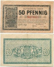 Höchst am Main koło Frankfurtu, 1 banknot geld 1917, herb, putten, 50 fenigów