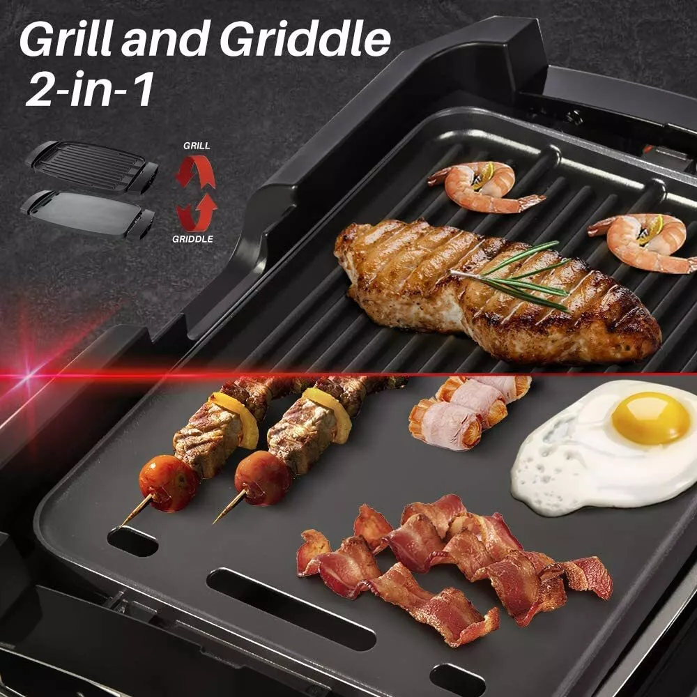 Indoor Smokeless Electric Grill Griddle Cast Iron Plate Drip Tray Glass Lid  BBQ