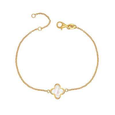 925 14K Gold Plated Mother of Pearl Leaf Flower Clover Bracelet for Women 7 In
