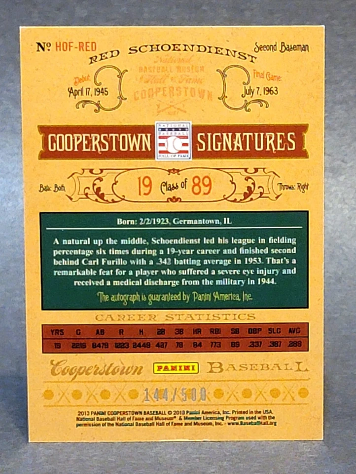 2013 Panini Cooperstown Signatures #HOF-RED Red Schoendienst 144/500 RIP - Image 2 of 2