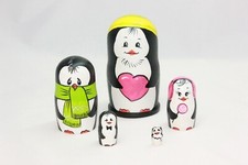 Penguins Nesting Doll 4" 5 Pieces Hand Painted Wooden Stacking Doll