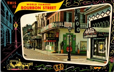 Postcard View of Bourbon Street Mardi Gras Border New Orleans Louisiana LA 8156