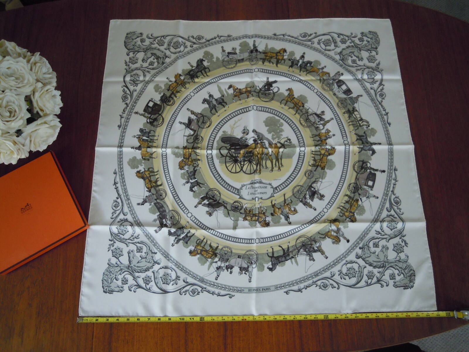 Vintage Authentic HERMES Carre 90 Scarf "LA PROMENADE DE LONGCHAMPS " Silk White