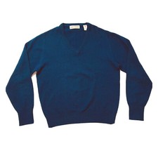 Vintage John Ashford 100 Lambswool Sweater Pullover V Neck Hong Kong Blue L