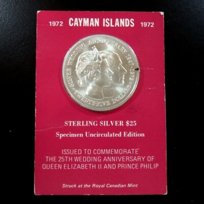 1972 Cayman Islands $25 Sterling Silver Coin - Elizabeth II 25th