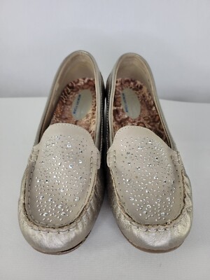 TH様 Skechers 8 1/2 Gold Taupe Rhinestone Loafer Moccasin Memory Foam