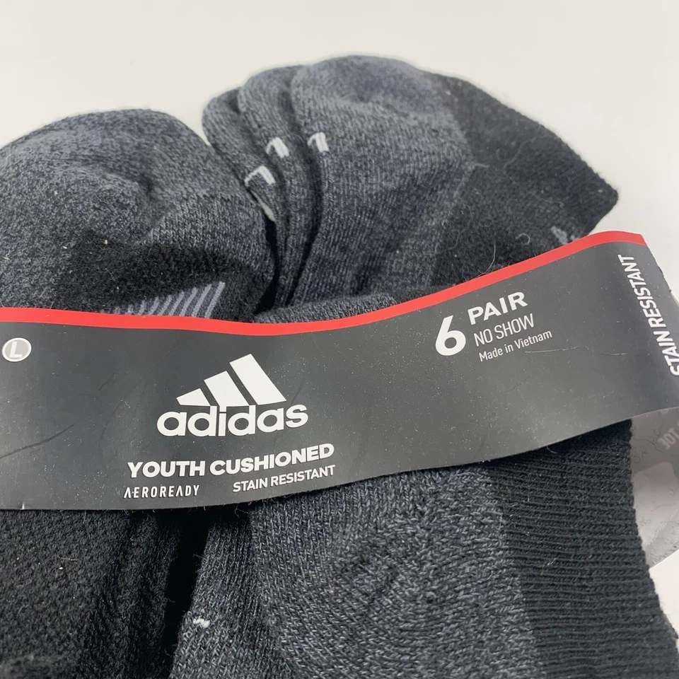 Adidas No Show Socks Big Boys Large Black Angle Stripe Cushioned 6-Pack 8322 - Image 2 of 4