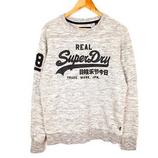SUPERDRY Women Jumper Size L Crew Neck Cotton Blend Grey Pullover Graphic Print