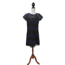 Ann Taylor LOFT Sheath Dress Womens 4 Blue Black Sheer Floral Lace Short Sleeve