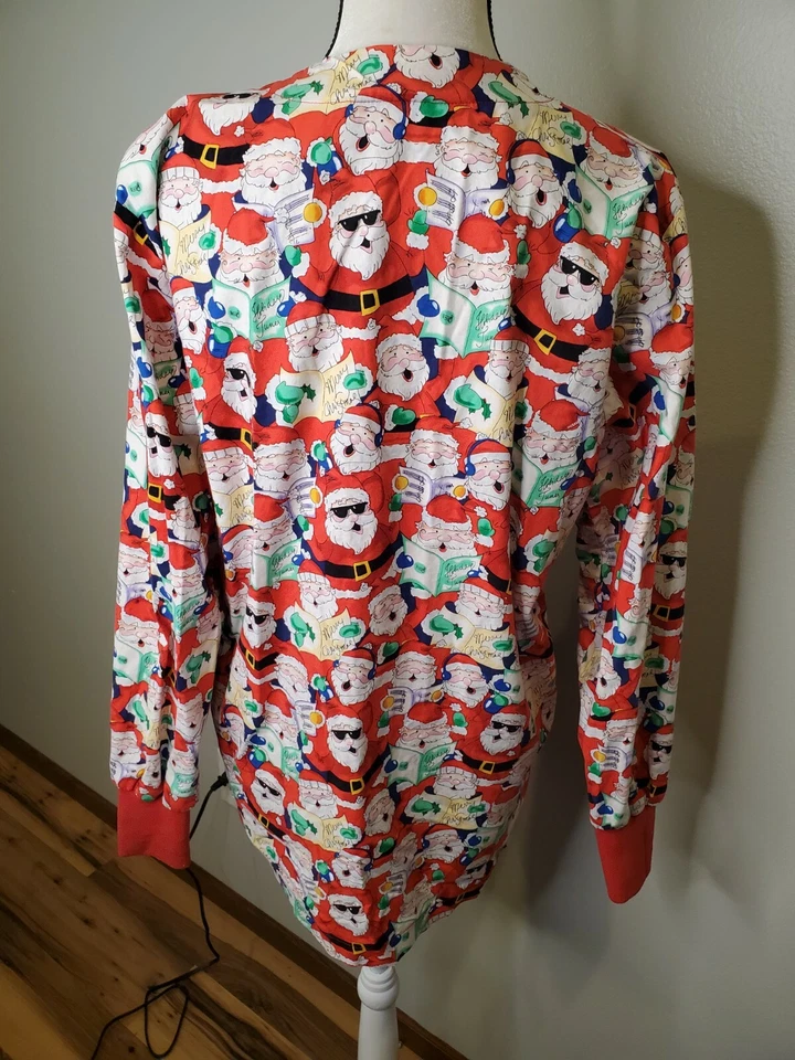 Peaches Size Small Christmas Scrub Top Long Sleeve Button Santa Claus Shirt - Image 3 of 4