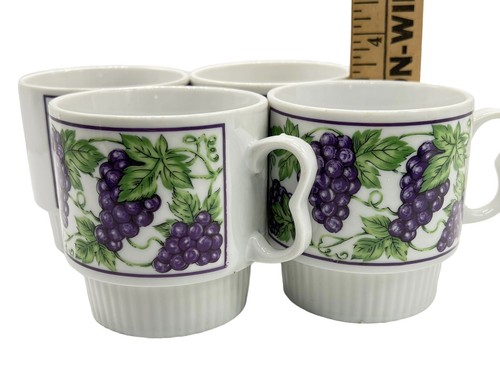 Retro Stackable Heart Handle Cups Grapes Coffee Mug Japan Lot 4 NEW Mid Cent Vtg - Picture 16 of 23