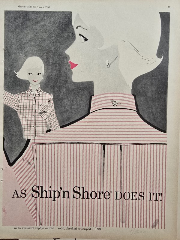 1956 Women's Ship n Shore Zephyr Oxford Striped Checked Shirts Vintage Art Ad 