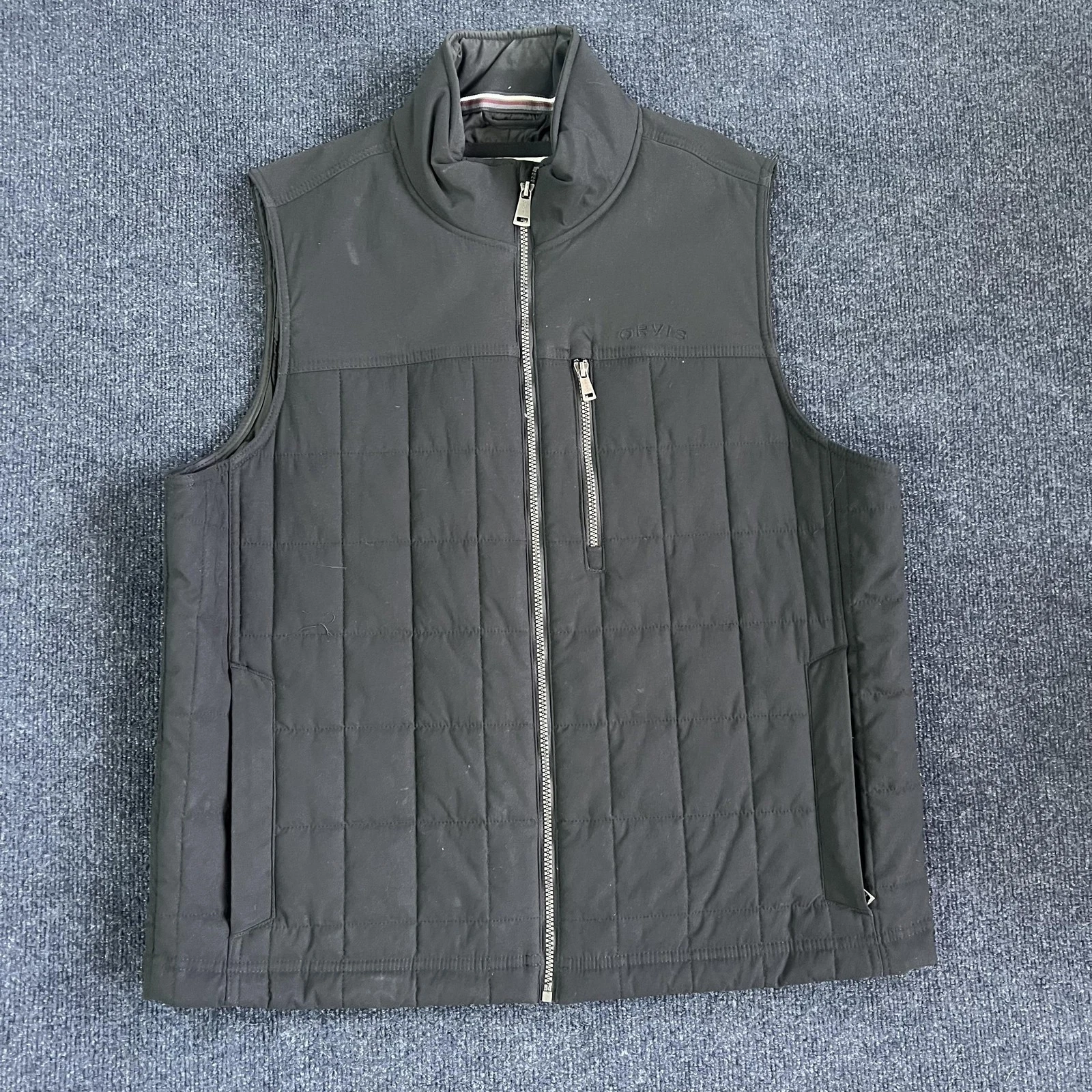 Orvis Vest Mens Large Black Quilted Insulated Full Zip Outdoor Hiking Travel