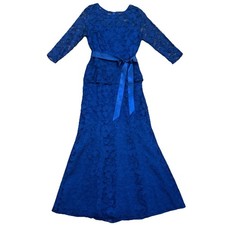 Leslie Fay Lined Blue Lace Wedding Formal Maxi Dress Peplum Lace Illusion Gown