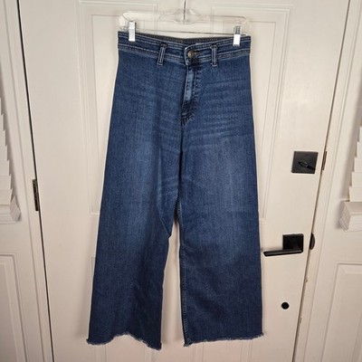 Zara Wide Leg Jeans Women 8 Raw Hem Retro Fit High Waist Stretch Boho Blue Denim