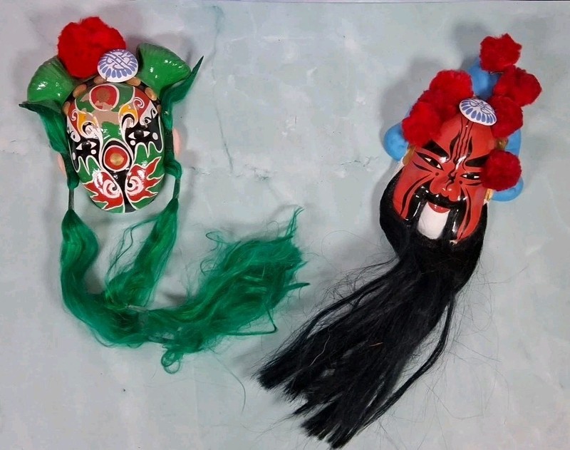 Set of 2 Folk Art Clay Beard Green Chinese Painted Wall Hanging Opera Red Mask