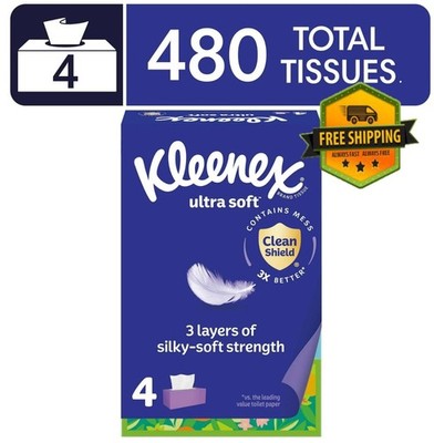 Kleenex Ultra Soft 3-Ply Facial Tissues, 4 Flat Boxes with 120 Tissues Each