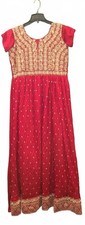 Red Embroidered Anarkali Dress with Gold Detailing and Tassel Back Tie