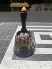 Vintage Dark Blue Porcelain Bell - Wagon Full of Flowers Design - Gold Trim