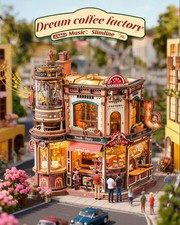 ROKR Dream Coffee Factory 3D Puzzle Building Toys Music Box Wooden Kids Gift