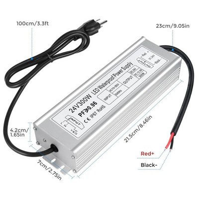 LED Driver 300W 24V Power Supply, IP67 Waterproof Low Voltage Transformer, AC 11