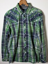 Roar Signature Large Biker Green Plaid Embroidered Cross Button Shirt Cotton