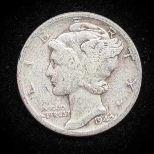 90% Silver - 1942 Mercury Dime Circulated Junk Silver US Coin - A1-18