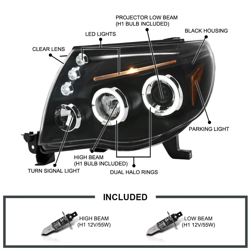 Black Fits 2005-2011 Toyota Tacoma LED Halo Projector Headlights Lamp Left+Right Foto 3 de 4