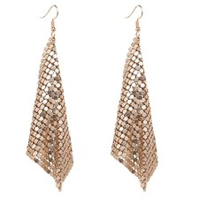 Rectangle Clip on Dangle Lightweight Mesh Tassel Sequin Long Drop Earrings Gold