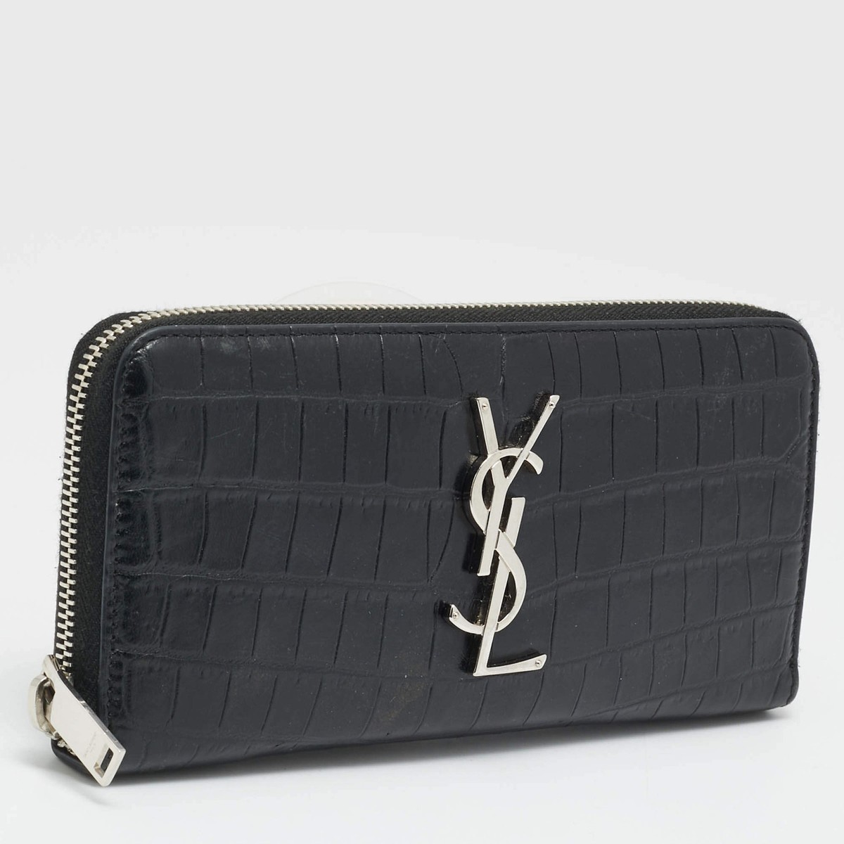 Saint Laurent Cassandre Black Croc Embossed Leather Zip Around