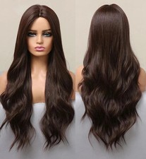 Real Human Hair New Fashion Women's Layered Long Dark Brown Wavy Full Wigs 24 In
