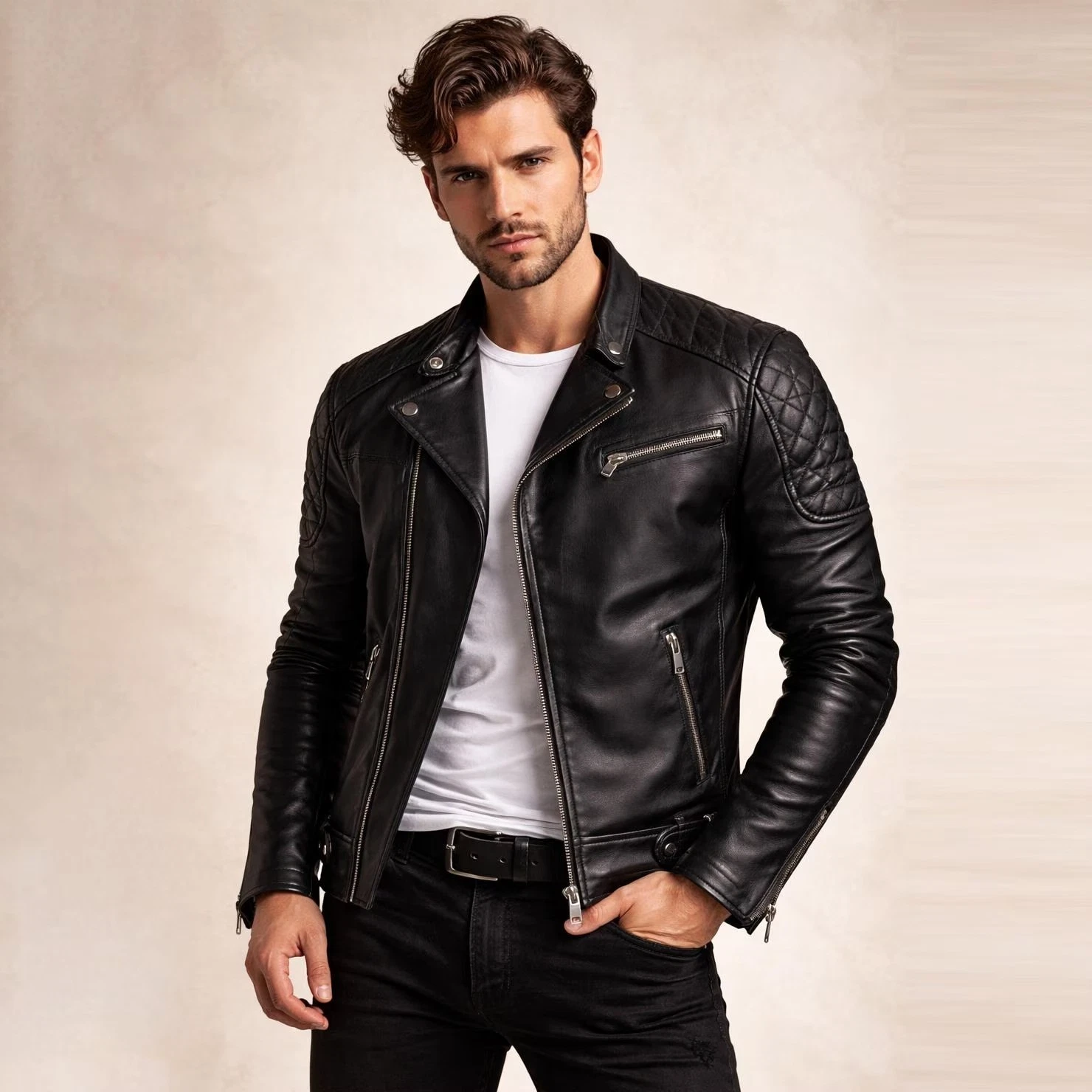 Men Black Quilted Real Leather Biker Jacket Moto Cruiser Vintage Motorcycle Styl