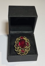 Large Vintage Czech Statement Ring Brass Coloured Red Crystal Filigree Back