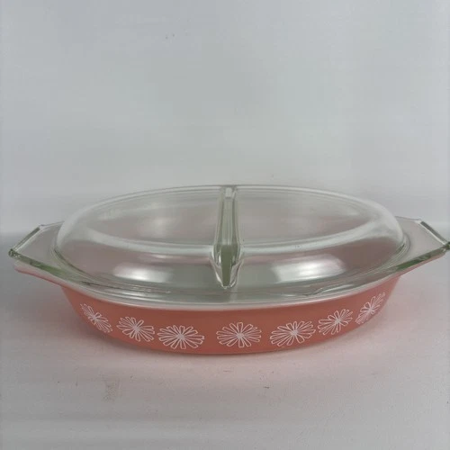 Pyrex Vintage Pink Daisy Divided Casserole Dish 1.5 Quart with Lid