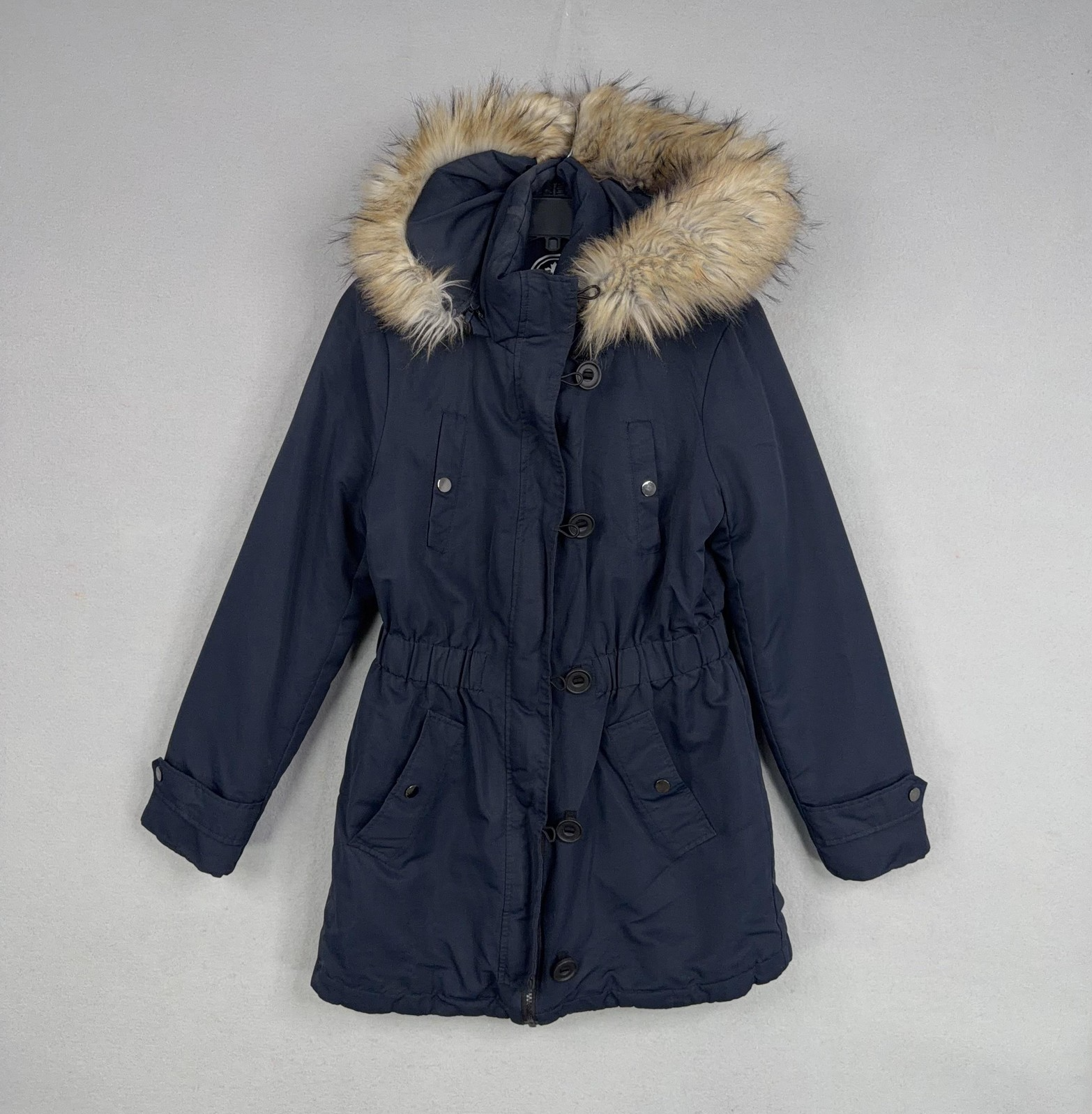 Halitech Jacket Womens Small Navy Faux Fur Hooded Parka Coat Winter Warm