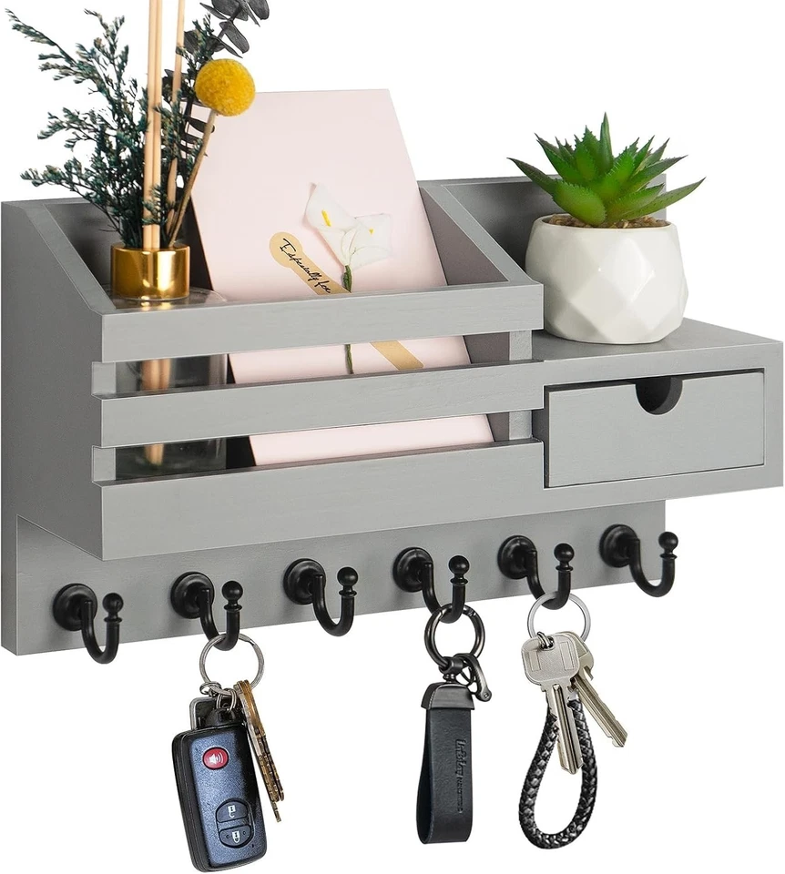 Rustic Key and Mail Holder Wall Organizer with 6 Hooks & Storage Drawer - A-Grey - Image 3 of 4