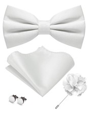 RBOCOTT Solid Color Bow Tie and Pocket Square with Lapel Pin Cufflinks White