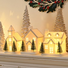 AOMOONOA Ceramic White Christmas Village Houses, 3Pcs Set of 3 Trees,